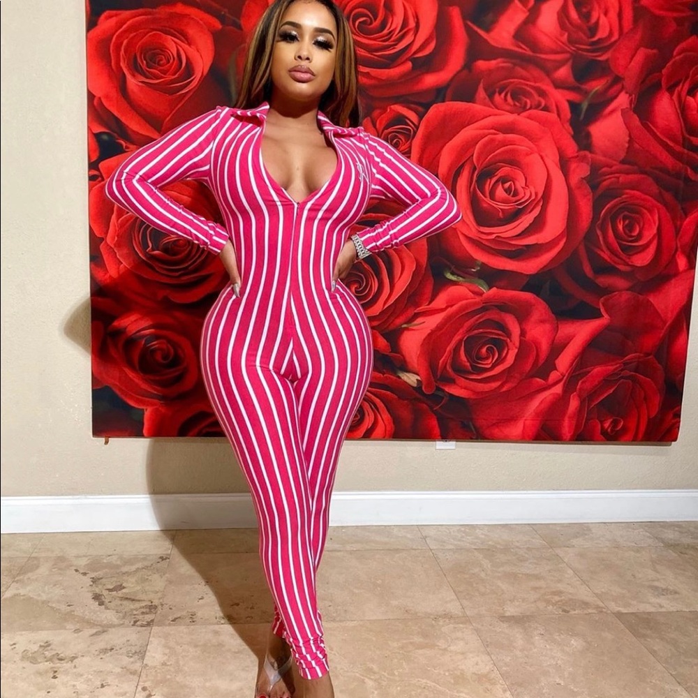 Gsuwoo “Pussycat suit” jumpsuit in burgundy/white.